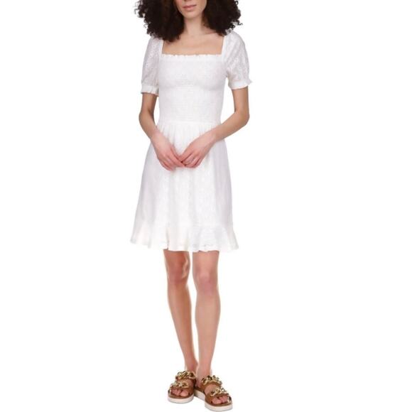 NWT MICHAEL KORS White Smocked Eyelet Peasant Dress – Women’s XL - Picture 1 of 7